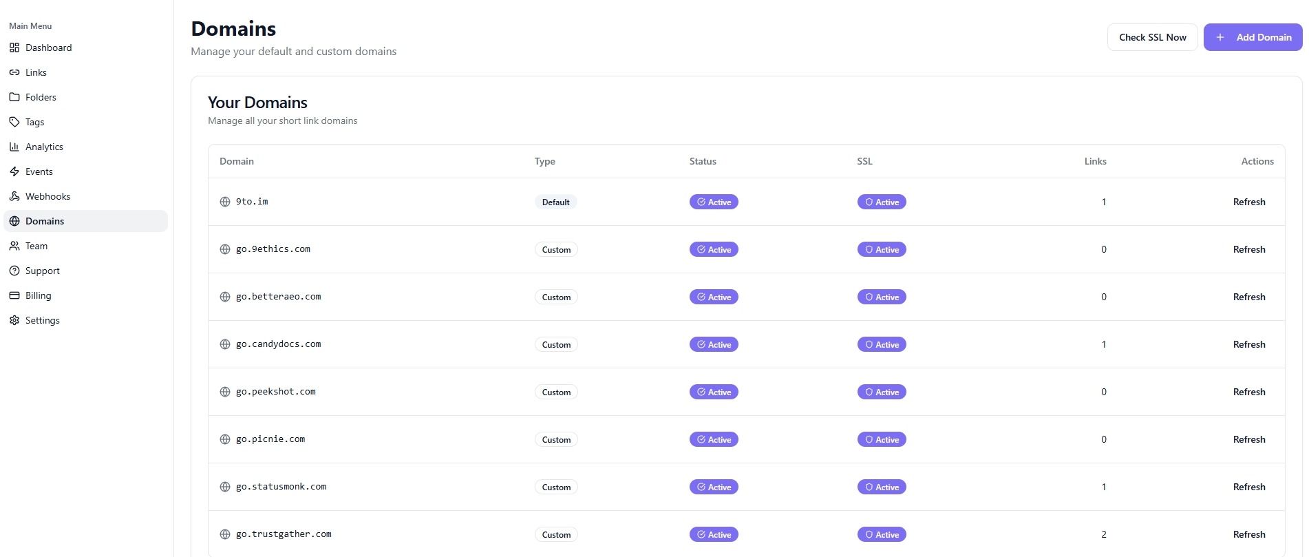 Custom Domains Dashboard